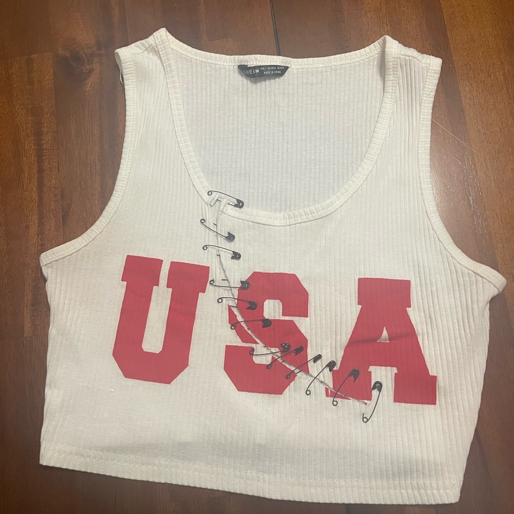 Shein USA Pin Front Graphic Crop Top